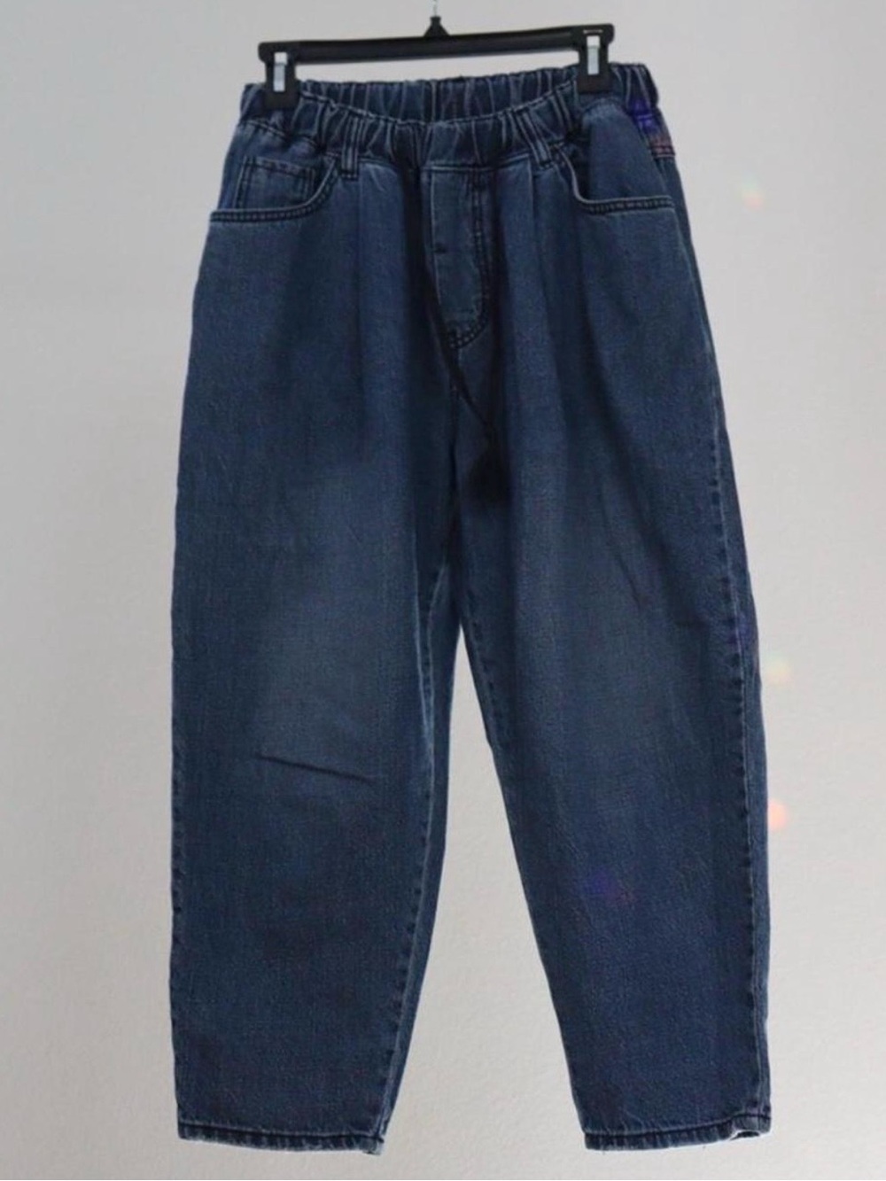 Korean dark wash denim barrel-style wide leg jeans